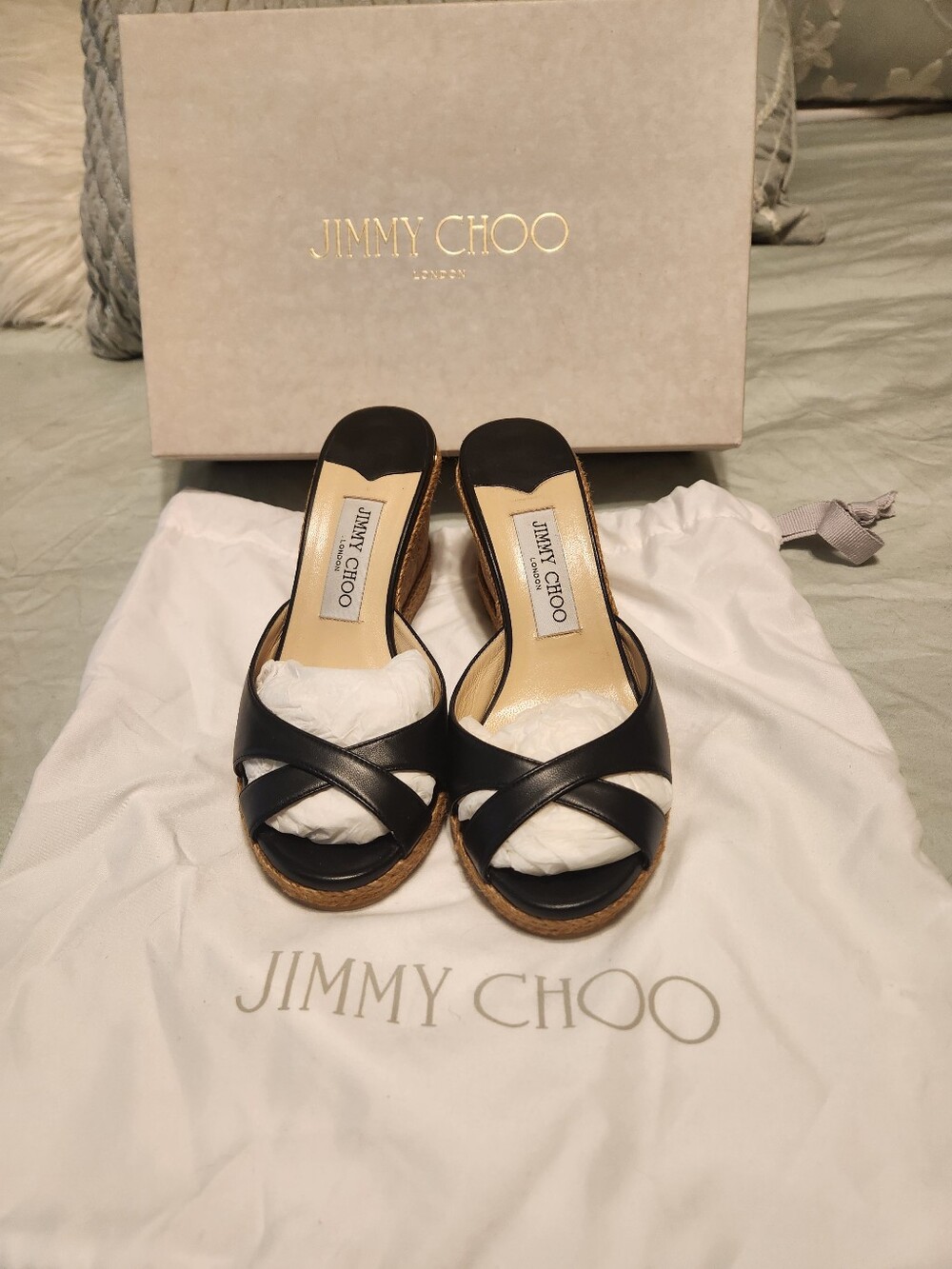 Jimmy Choo Black Leather Crisscross Espadrille Wedges